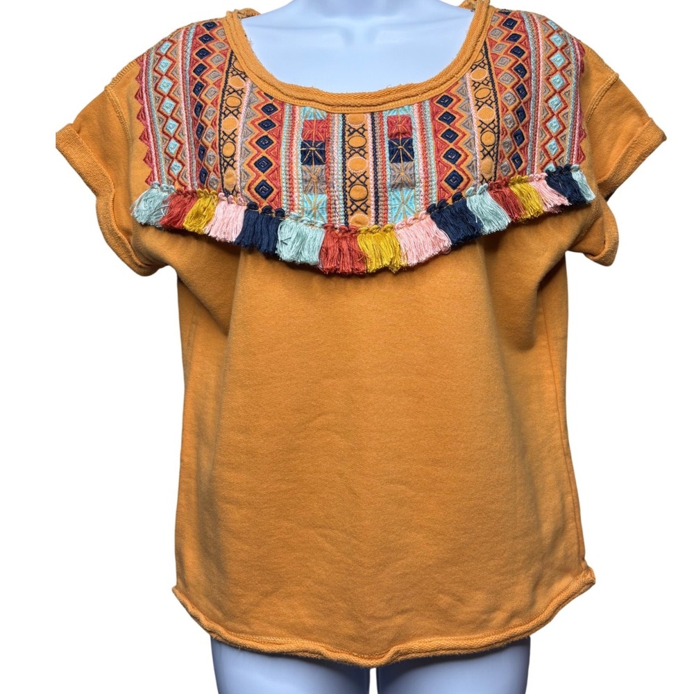 CHLOE OLIVER Womens Orange Embroidered Tassel Short Sleeve Top S Boho Artisanal